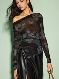 Best Semi-Sheer Asymmetrical Printed T-Shirt Tops