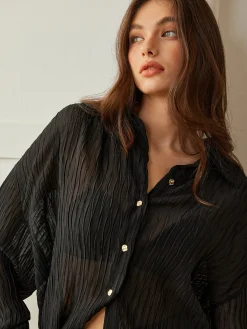 Semi-Sheer Button Polo Shirt Blouses & Shirts|Tops