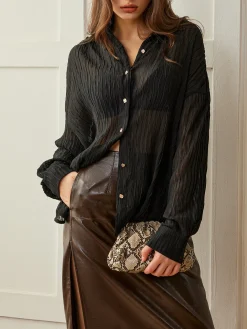 Semi-Sheer Button Polo Shirt Blouses & Shirts|Tops