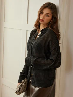 Semi-Sheer Button Polo Shirt Blouses & Shirts|Tops