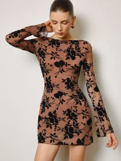 Outlet Semi-Sheer Flocking Floral Short Dress Dresses