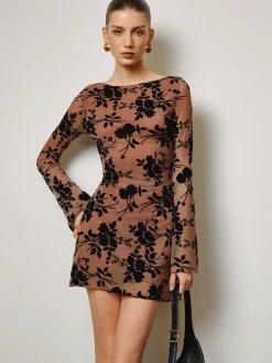 Outlet Semi-Sheer Flocking Floral Short Dress Dresses