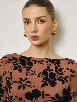 Outlet Semi-Sheer Flocking Floral Short Dress Dresses