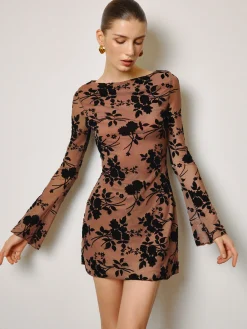 Outlet Semi-Sheer Flocking Floral Short Dress Dresses