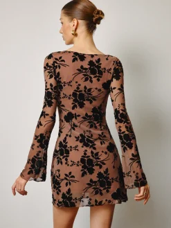 Outlet Semi-Sheer Flocking Floral Short Dress Dresses