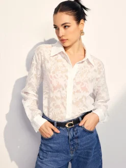 Semi-Sheer Jacquard Button Shirt Blouses & Shirts|Tops