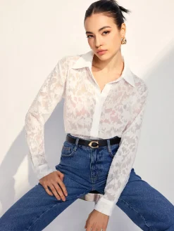 Semi-Sheer Jacquard Button Shirt Blouses & Shirts|Tops