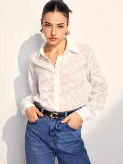 Semi-Sheer Jacquard Button Shirt Blouses & Shirts|Tops