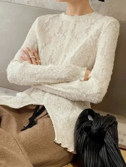 Best Semi-sheer Jacquard Lace Long Sleeve Split Top T-shirts|Tops