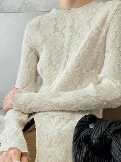 Best Semi-sheer Jacquard Lace Long Sleeve Split Top T-shirts|Tops