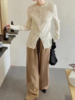 Best Semi-sheer Jacquard Lace Long Sleeve Split Top T-shirts|Tops