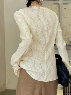 Best Semi-sheer Jacquard Lace Long Sleeve Split Top T-shirts|Tops