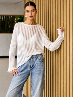 Semi-Sheer Long Sleeve Sweater Sweater Tops|Sweaters & Cardigans