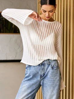 Semi-Sheer Long Sleeve Sweater Sweater Tops|Sweaters & Cardigans