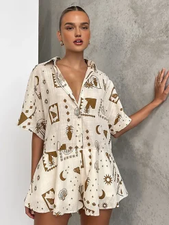 Hot Semi-Sheer Loosen Print Jumpsuit White Dresses|Jumpsuits & Rompers