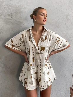Hot Semi-Sheer Loosen Print Jumpsuit White Dresses|Jumpsuits & Rompers