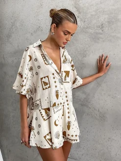 Hot Semi-Sheer Loosen Print Jumpsuit White Dresses|Jumpsuits & Rompers