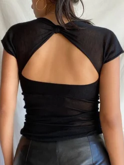 Semi-sheer Mesh Open Back T-shirt Sweater Tops|T-shirts