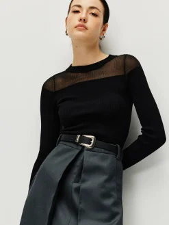 Hot Semi-Sheer Panel Sweater Sweater Tops|Sweaters & Cardigans