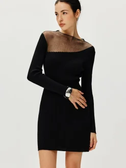 Semi-Sheer Panel Sweater Dress Black Dresses|Sweater Dresses