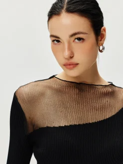 Semi-Sheer Panel Sweater Dress Black Dresses|Sweater Dresses
