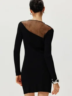Semi-Sheer Panel Sweater Dress Black Dresses|Sweater Dresses