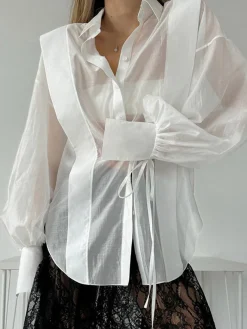 Discount Semi-Sheer Pleated Polo Shirt Tops