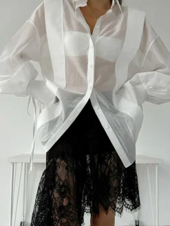 Discount Semi-Sheer Pleated Polo Shirt Tops