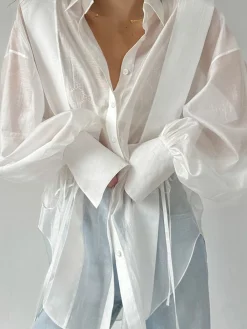 Discount Semi-Sheer Pleated Polo Shirt Tops