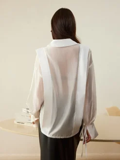 Discount Semi-Sheer Pleated Polo Shirt Tops