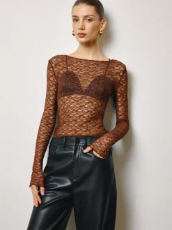 Outlet Semi-Sheer Skinny Lace Blouse Tops