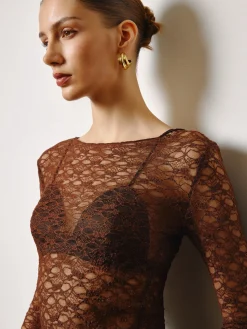 Outlet Semi-Sheer Skinny Lace Blouse Tops