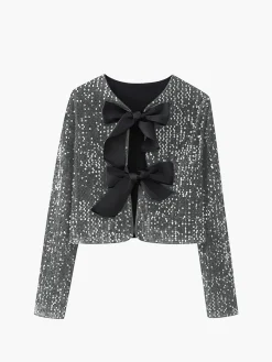 Discount Sequined Velvet Bowknot Decor Blouse Blouses & Shirts|Tops
