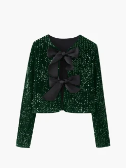 Discount Sequined Velvet Bowknot Decor Blouse Blouses & Shirts|Tops