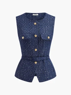 Outlet Sequins Button Belted Tweed Vest Outerwear|Vests