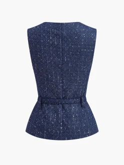 Outlet Sequins Button Belted Tweed Vest Outerwear|Vests