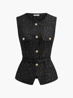 Outlet Sequins Button Belted Tweed Vest Outerwear|Vests