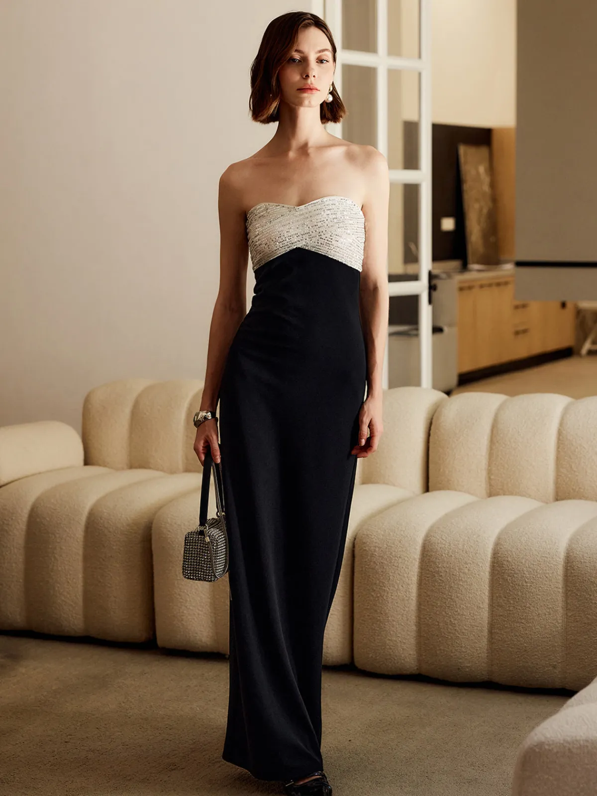 Outlet Sequins Color Block Tube Long Dress Black Dresses|Cocktail & Party Dresses