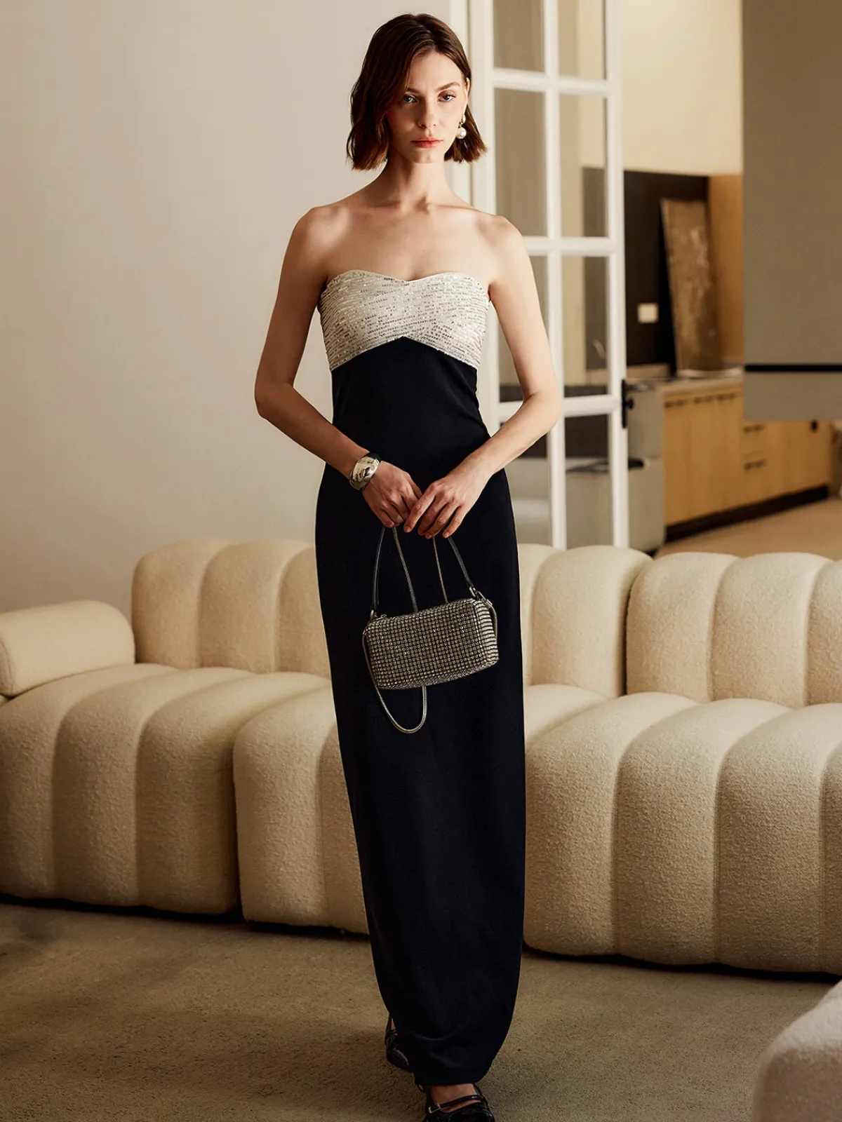 Outlet Sequins Color Block Tube Long Dress Black Dresses|Cocktail & Party Dresses