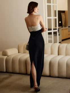 Outlet Sequins Color Block Tube Long Dress Black Dresses|Cocktail & Party Dresses