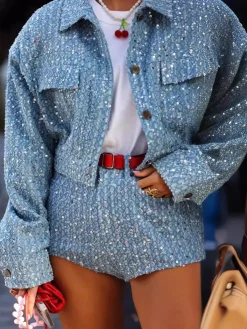 New Sequins Decor Crop Jacket Outerwear|Crop Tops