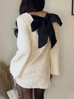New Sequins Velvet Bowknot Mini Dress White Dresses|Cocktail & Party Dresses