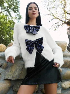 Sequins-Bow Fuzzy Split Sweater Knitwear|Tops