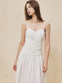 Clearance Serendipity Ruched Cami Long Dress White Dresses|Work Dresses