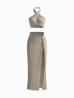 Outlet Sexy Halter Backless Skirt Set Skirt Sets|Long Sleeve Sets