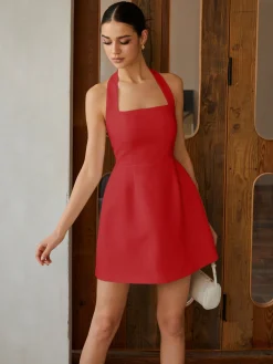 Outlet Sexy Halter Solid Dress Casual Dresses|Work Dresses