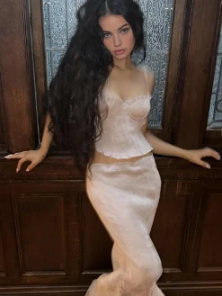 Best Sexy Lace Up Corset Top and Maxi Skirt Set Skirt Sets|Long Sleeve Sets