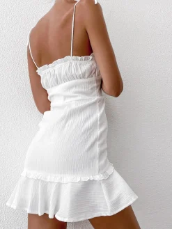 Clearance Sexy V-Neck Ruffle Skirt Tight Sling Short Dress White Dresses|Black Dresses