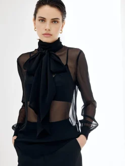 Clearance Sheer Bow Chiffon Shirt Blouses & Shirts|Tops