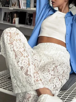 Hot Sheer Lace Wide Leg Pants Pants|Wide Leg